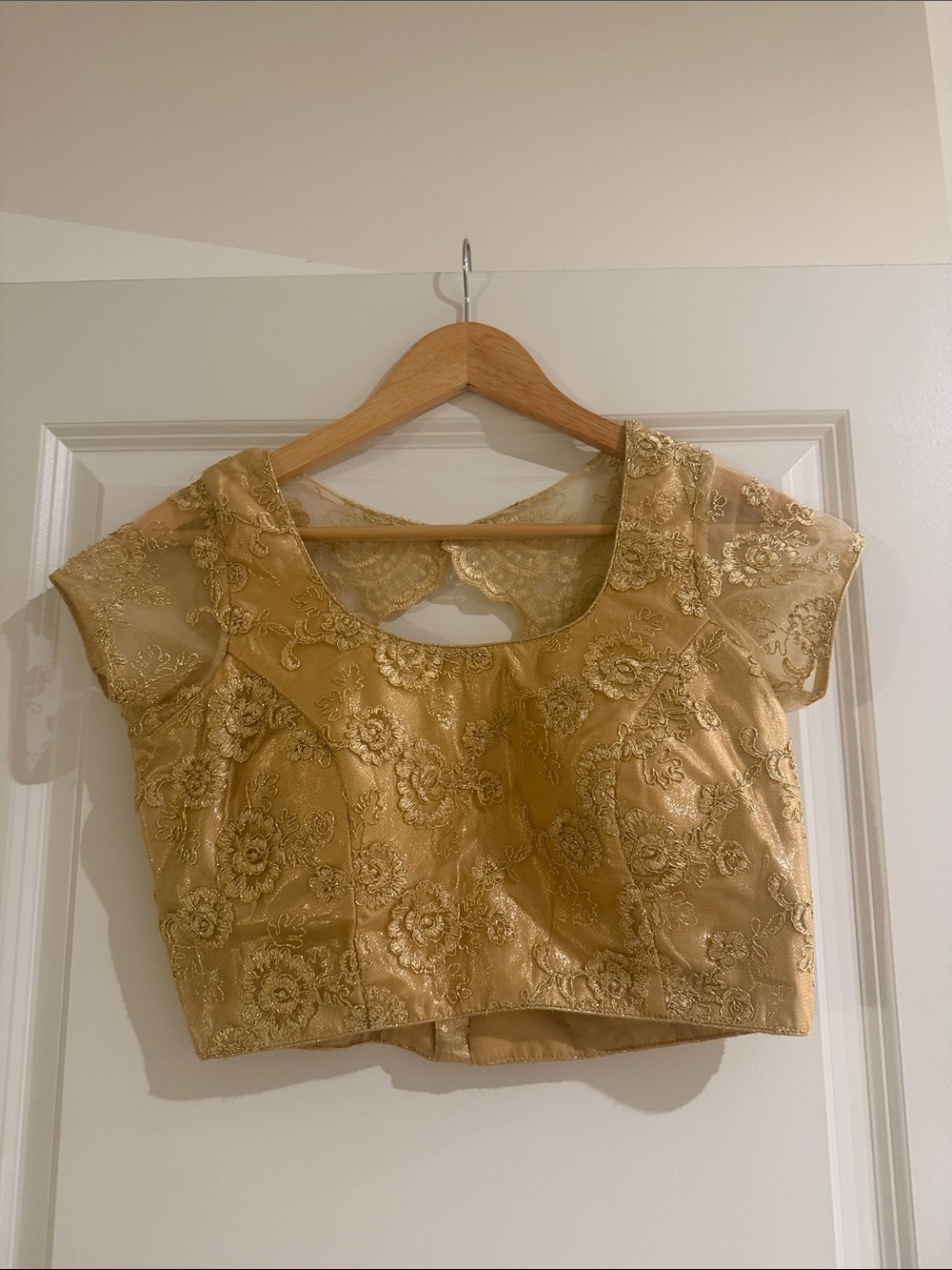Gold Floral Embroidered Crop Top with Cap Sleeves